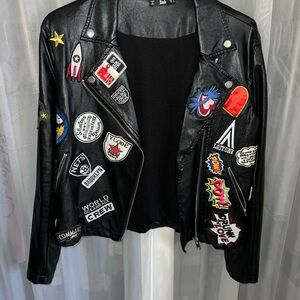 Black Leather Jacket with Patches